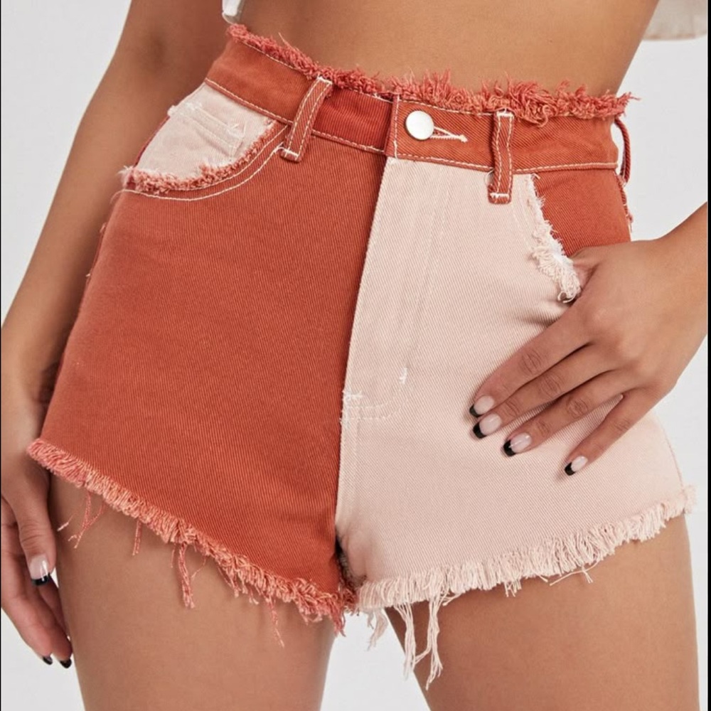 Two Tone Zipper Fly Raw Edge Denim High Waisted Colorblock Shorts Size Small